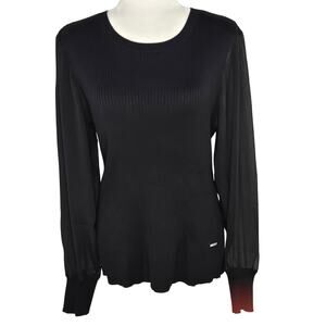 DKNY Donna Karan EUC Sweater Mixed Media Ribbed Sheer Sleeves Pullover XL Black